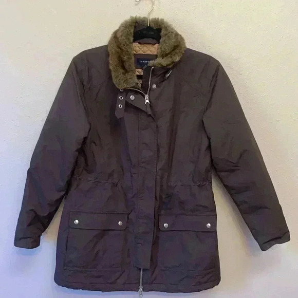 LANDS’ END Women’s Lined Coat w/ Fur Collar - Picture 1 of 12